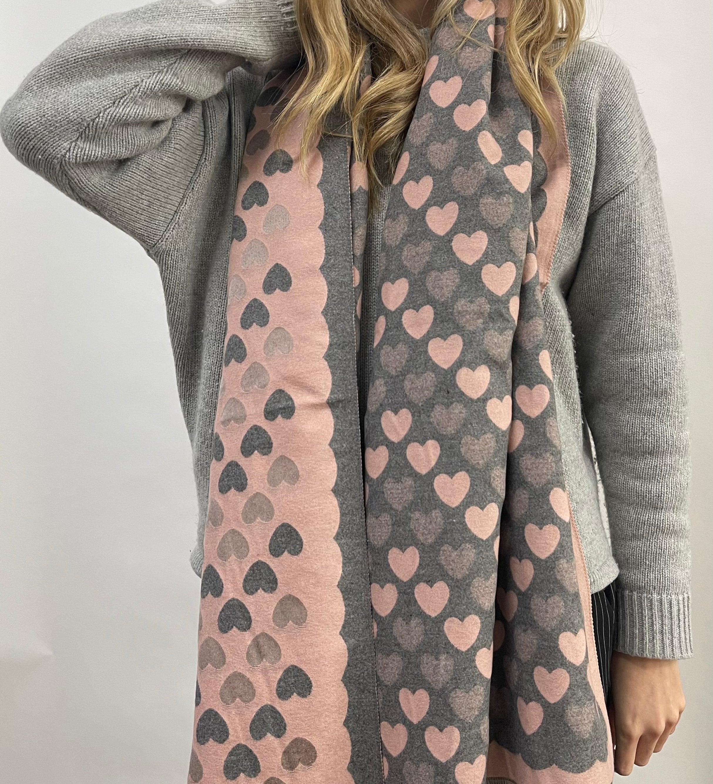 Soft Heart Printed Scarf in Pink & Grey - svnx