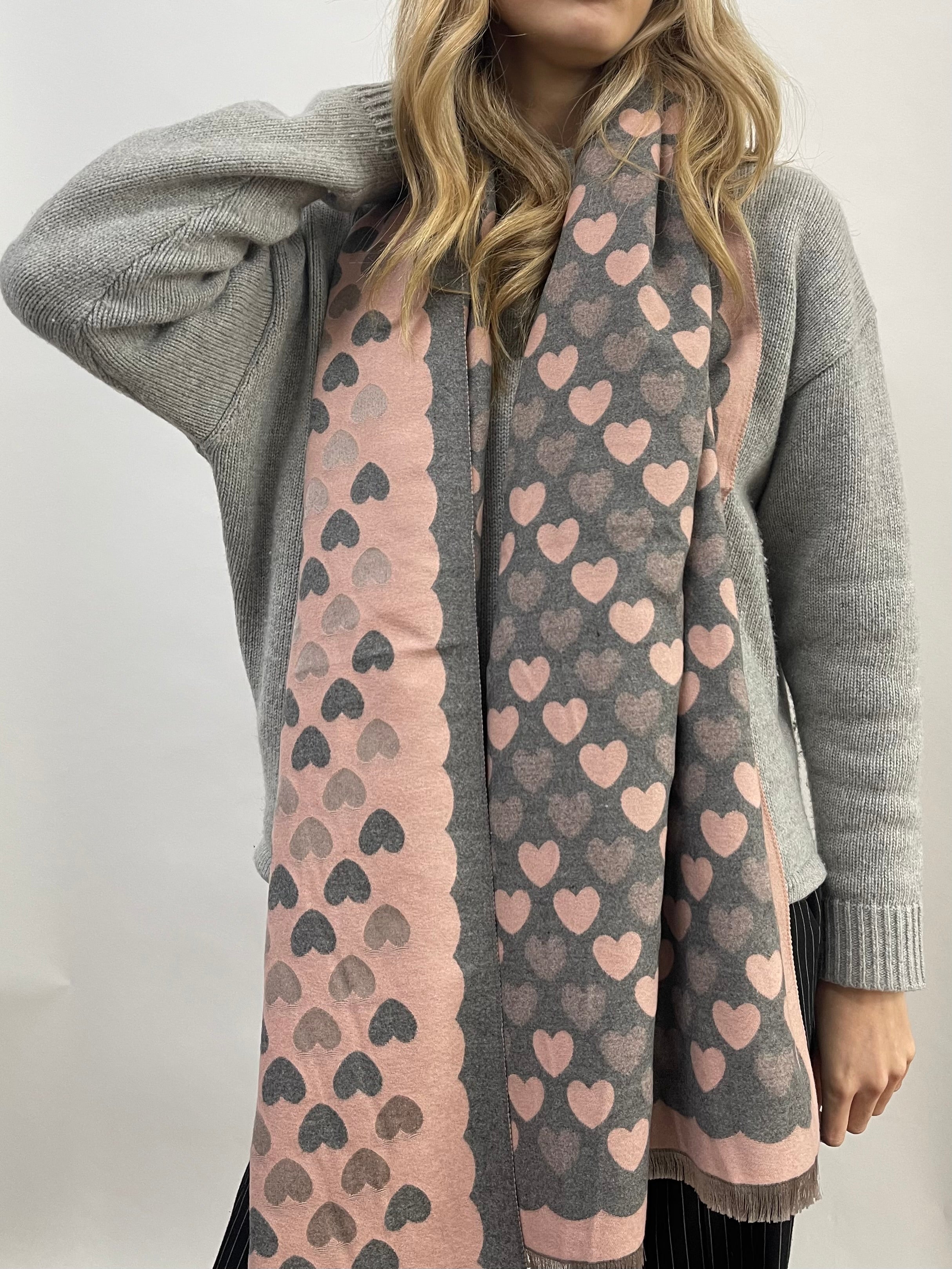 Soft Heart Printed Scarf in Pink & Grey - svnx