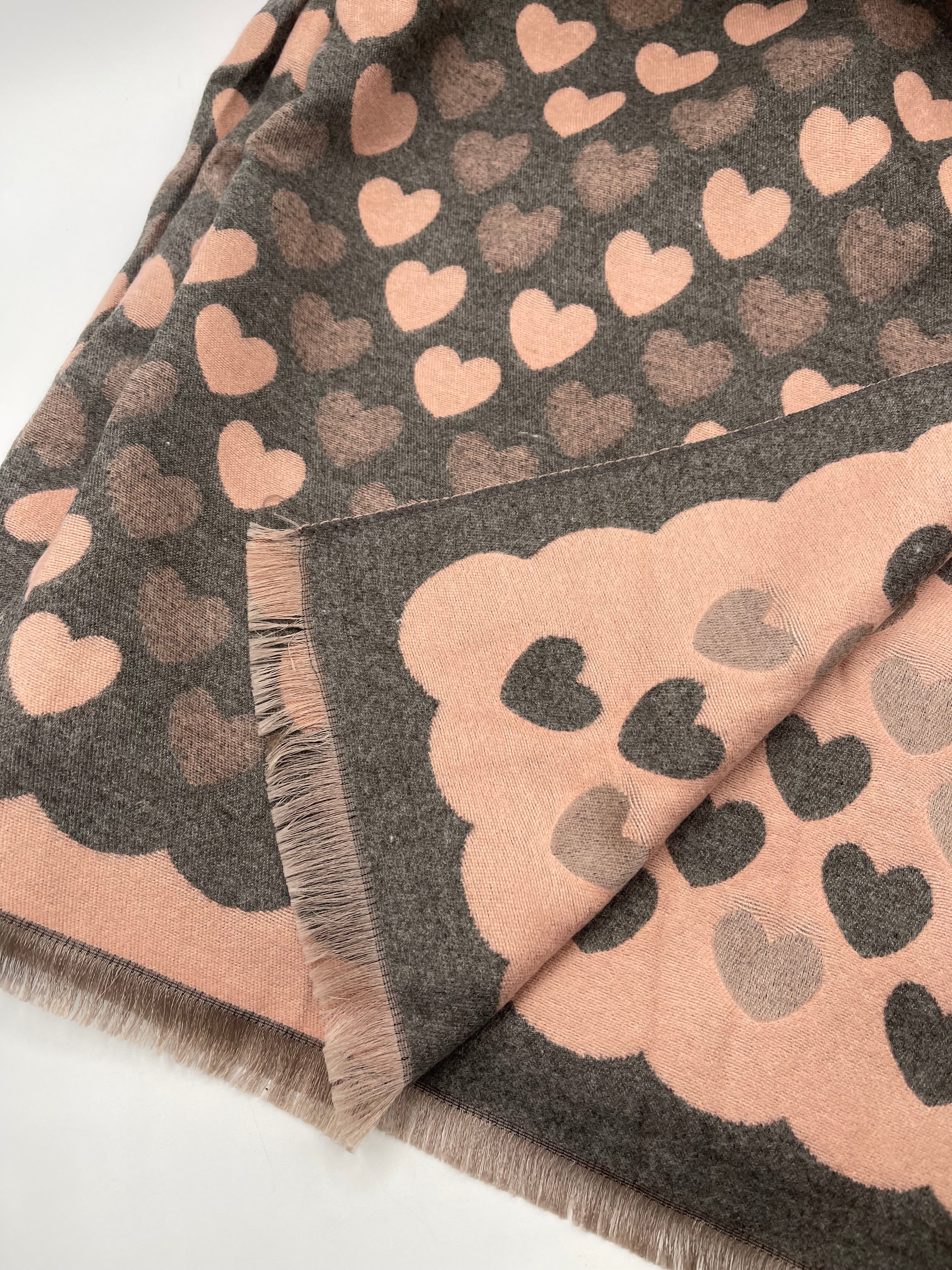 Soft Heart Printed Scarf in Pink & Grey - svnx