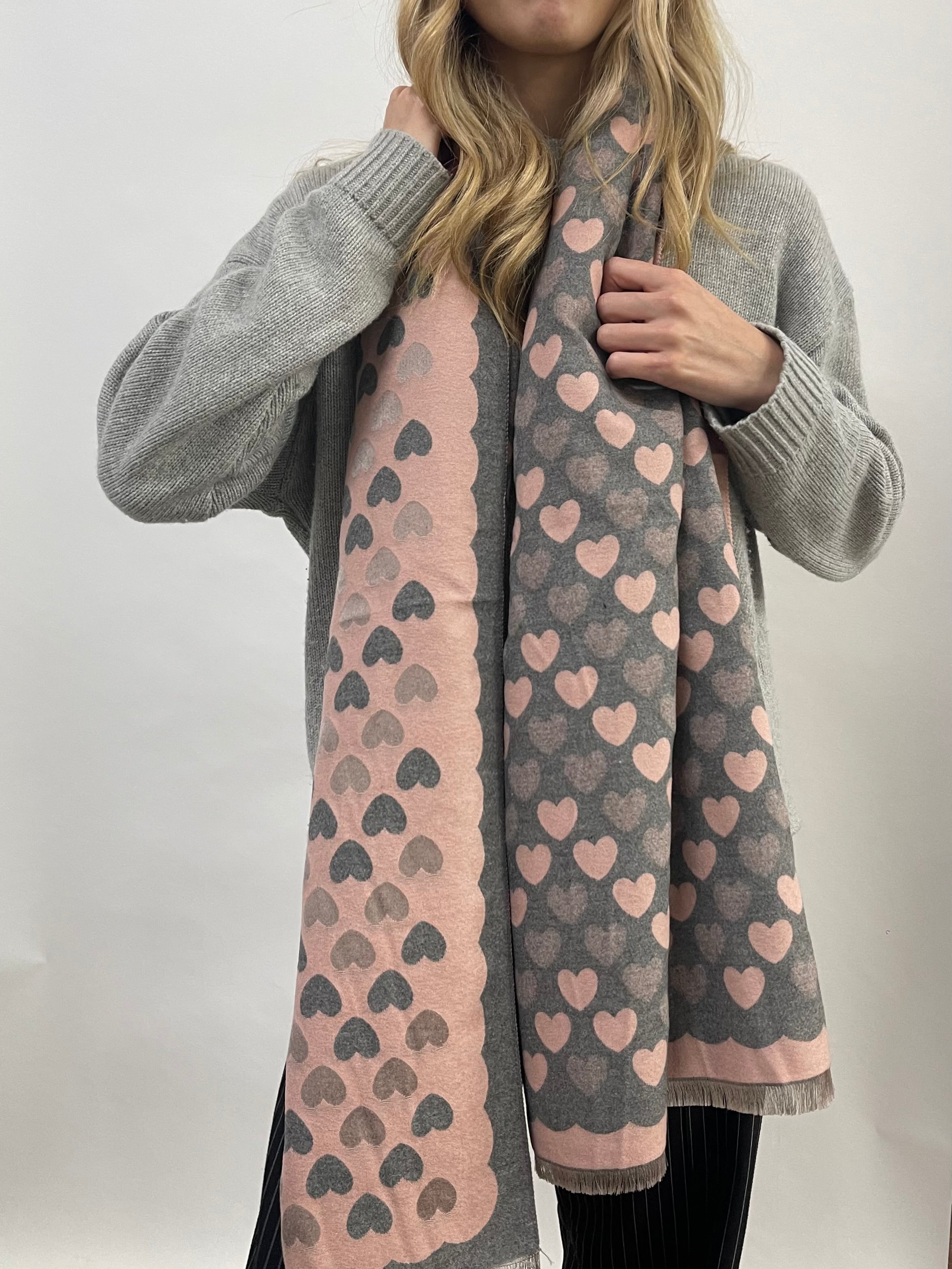 Soft Heart Printed Scarf in Pink & Grey - svnx