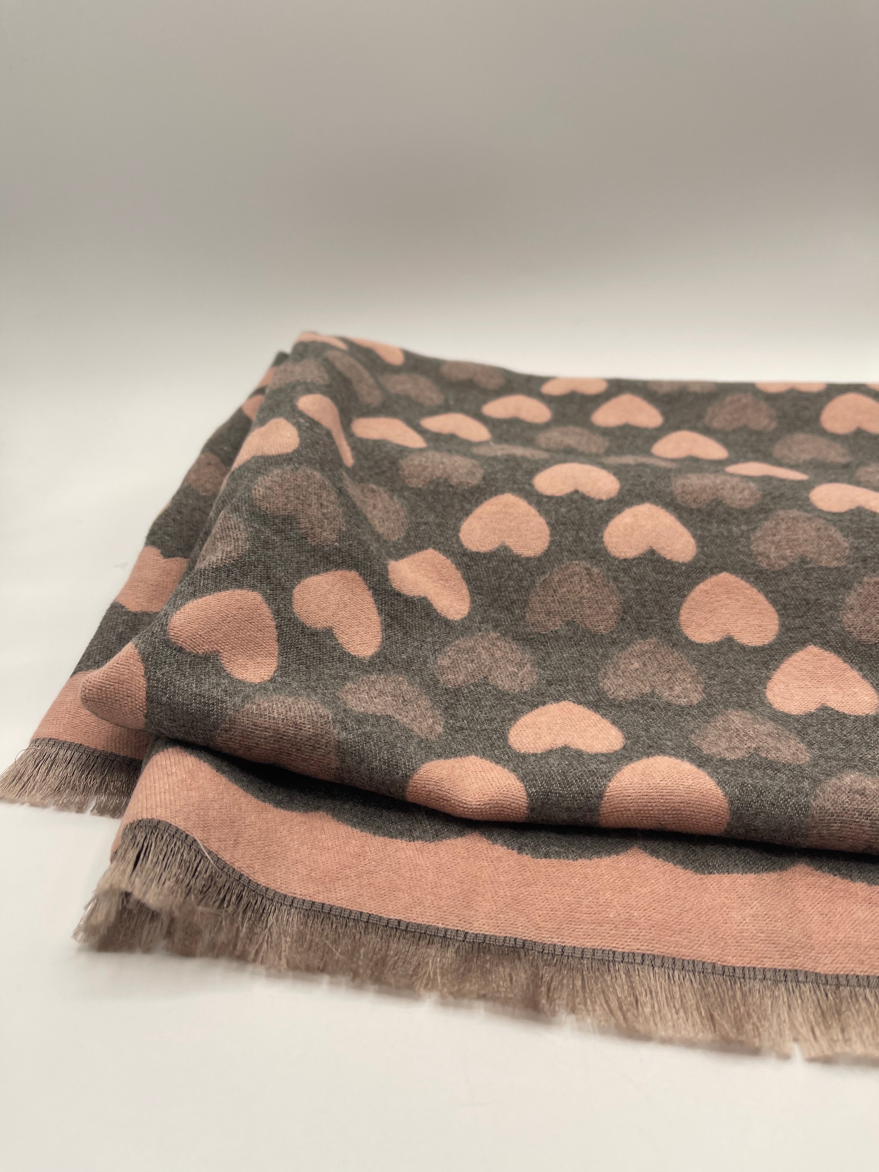 Soft Heart Printed Scarf in Pink & Grey - svnx
