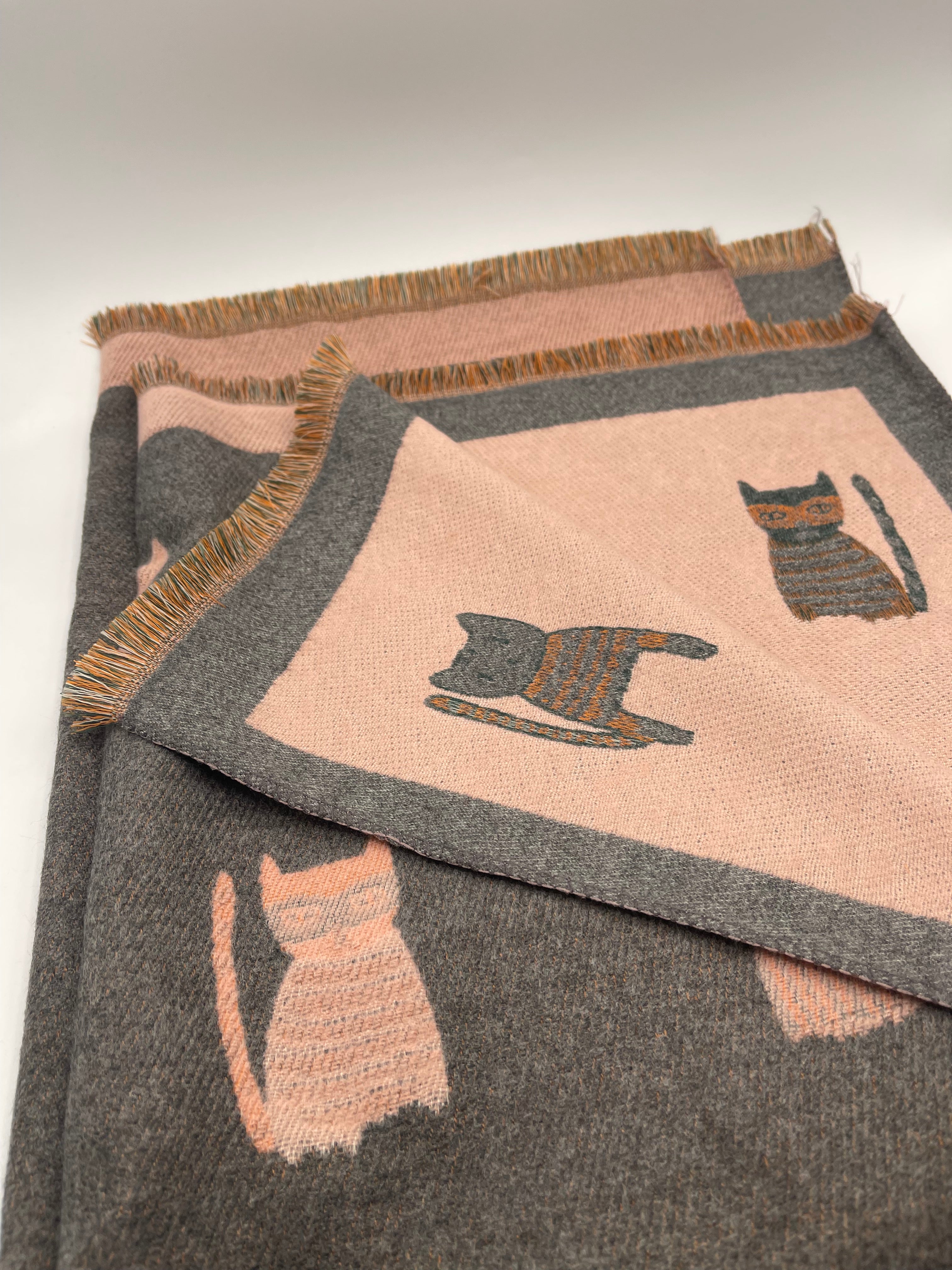 Cat Printed Scarf in Pink & Grey - Wool Blend - svnx