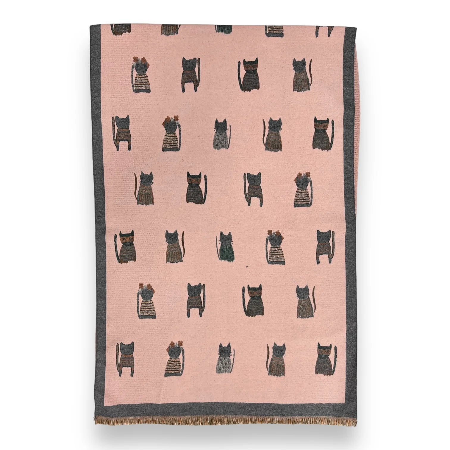 Cat Printed Scarf in Pink & Grey - Wool Blend - svnx