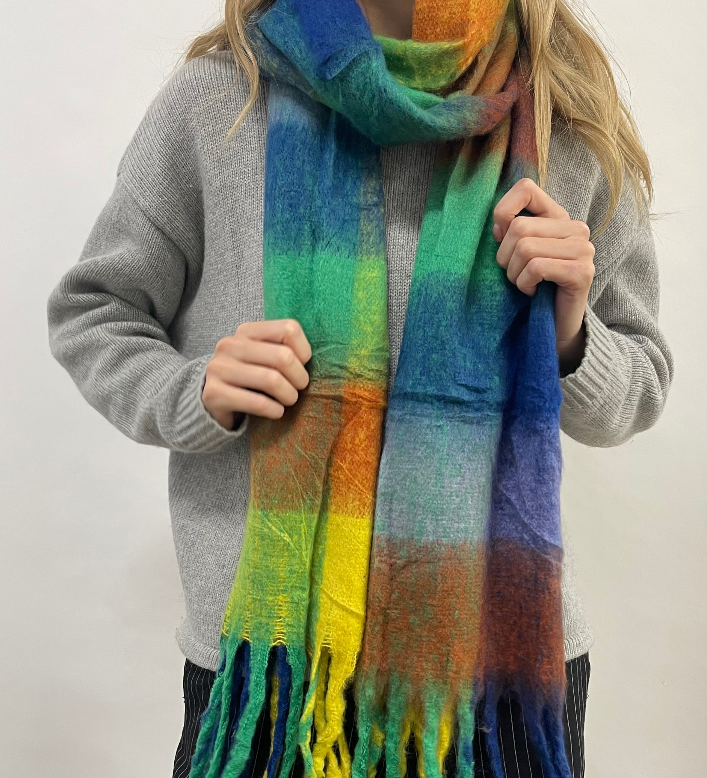 Soft Chunky Checked Scarf with Tassels in Blue Multi - svnx