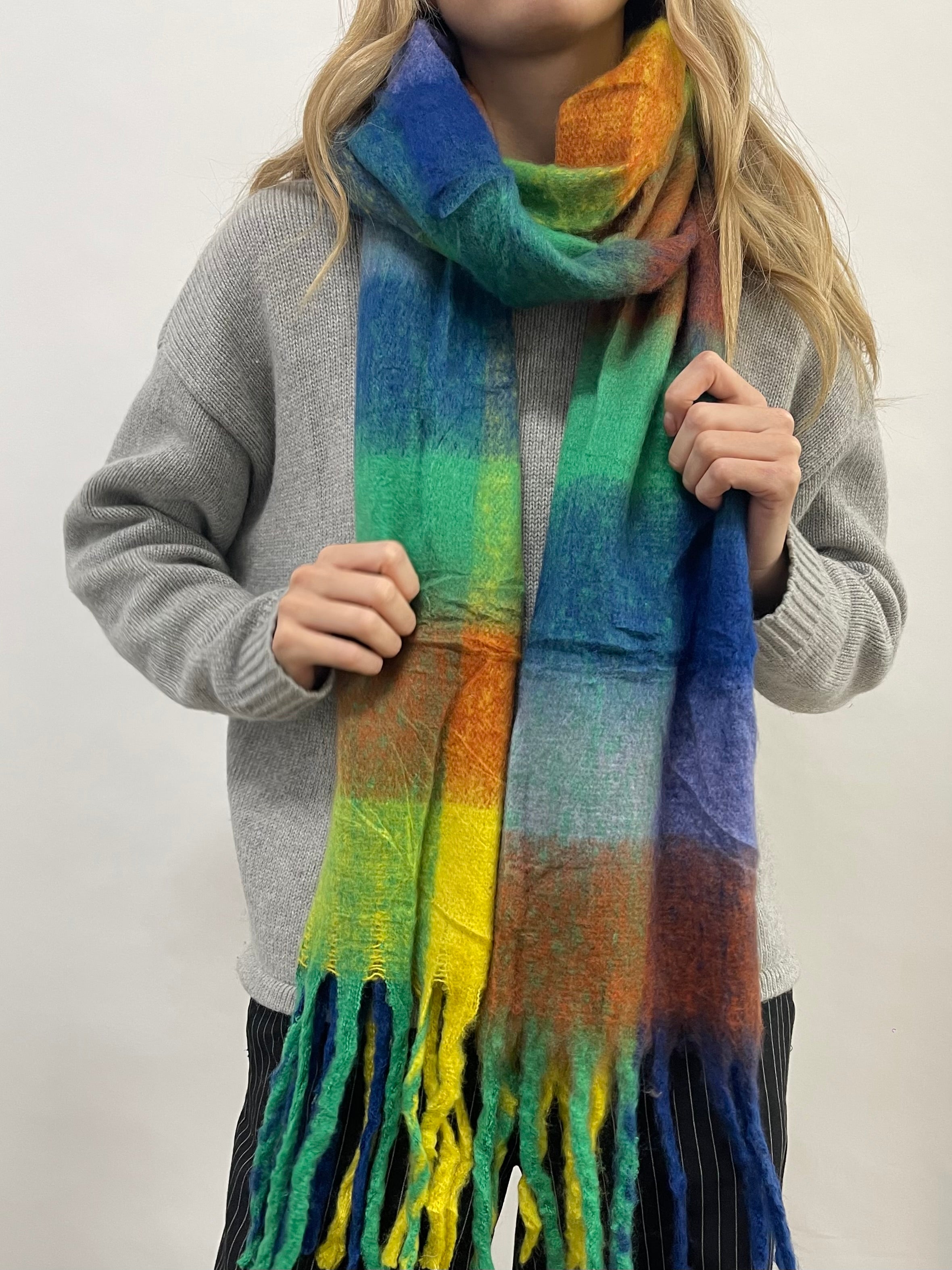 Soft Chunky Checked Scarf with Tassels in Blue Multi - svnx