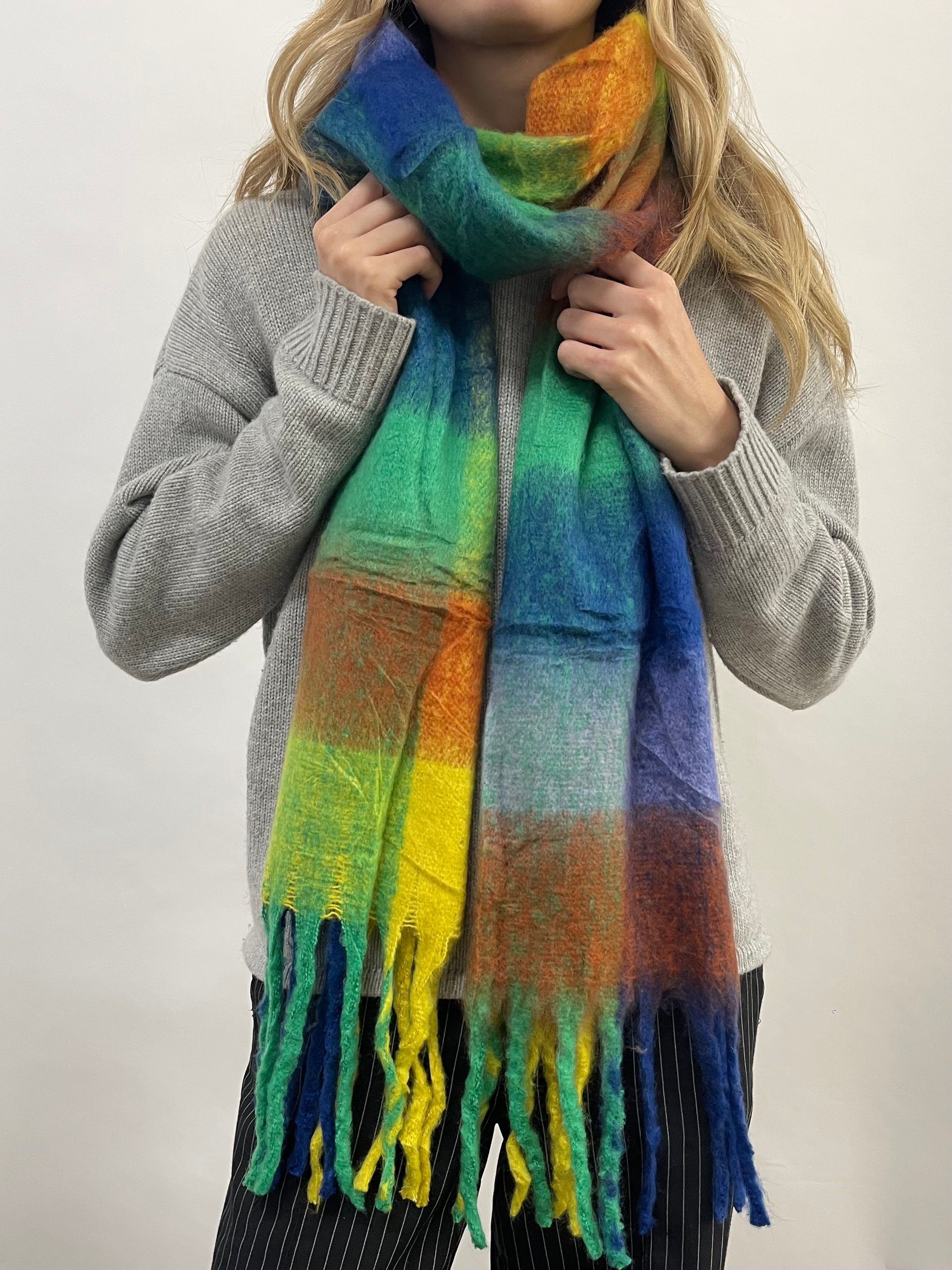 Soft Chunky Checked Scarf with Tassels in Blue Multi - svnx