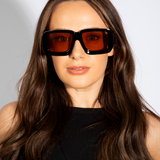 Oversized Square Frame Sunglasses In Black with Orange Lenses