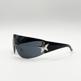 Wrap Around Racer Sunglasses with Star Hinge Detail in Black