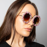 Round Floral Crystal Gem Sunglasses in Pink