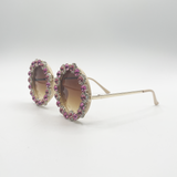 Round Floral Crystal Gem Sunglasses in Pink