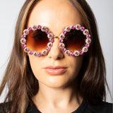 Round Floral Crystal Gem Sunglasses in Pink