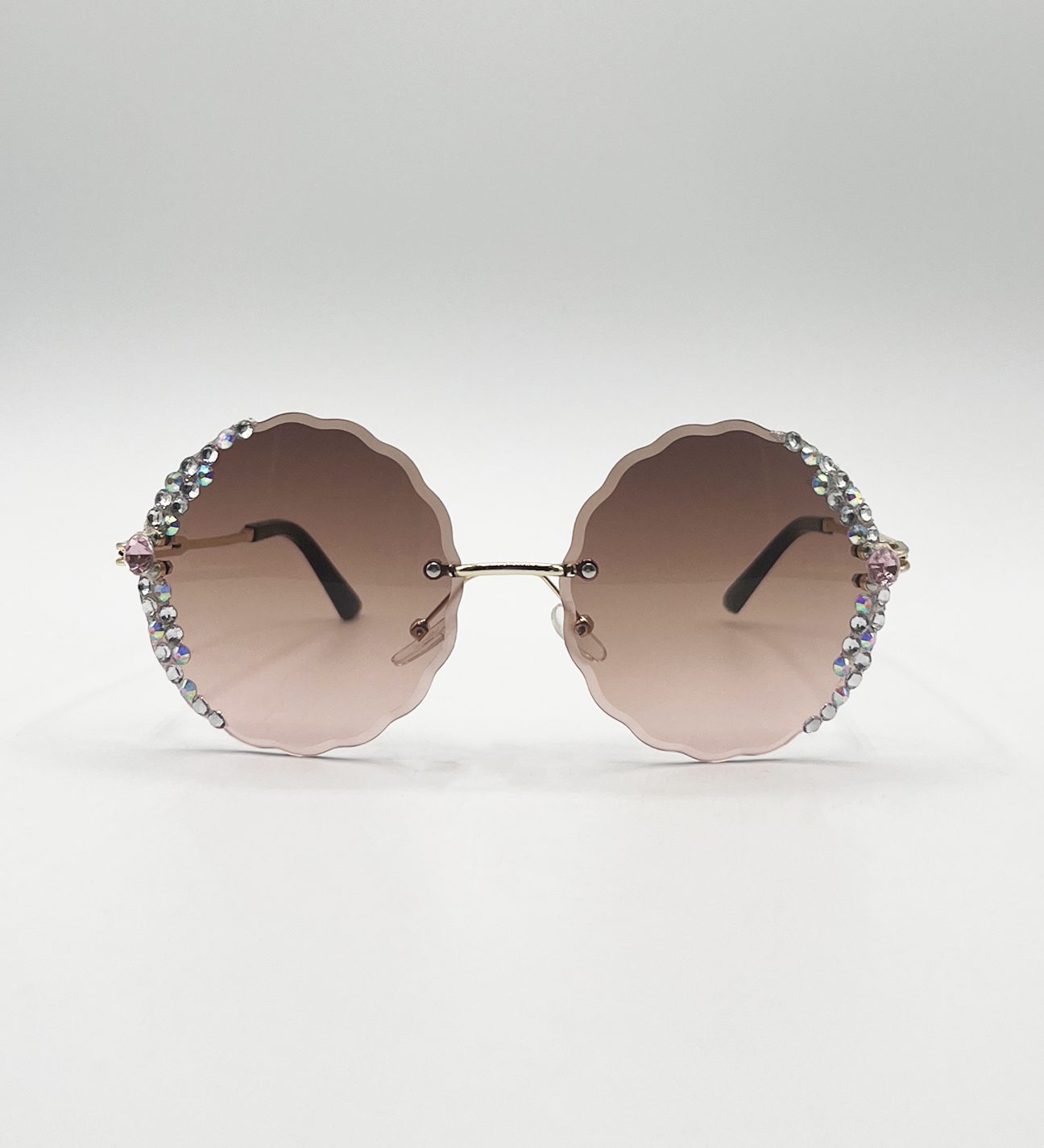 Oversized Round Frameless Sunglasses with Crystal Detail in Brown - svnx