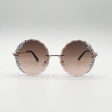 Oversized Round Frameless Sunglasses with Crystal Detail in Brown - svnx