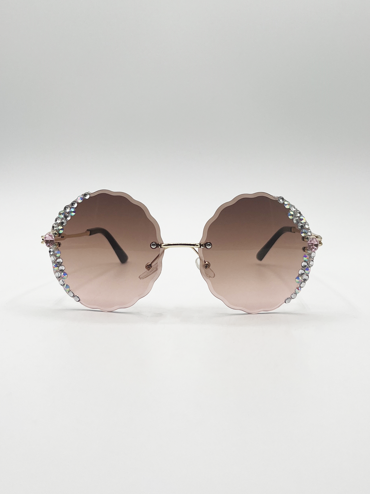 Oversized Round Frameless Sunglasses with Crystal Detail in Brown - svnx