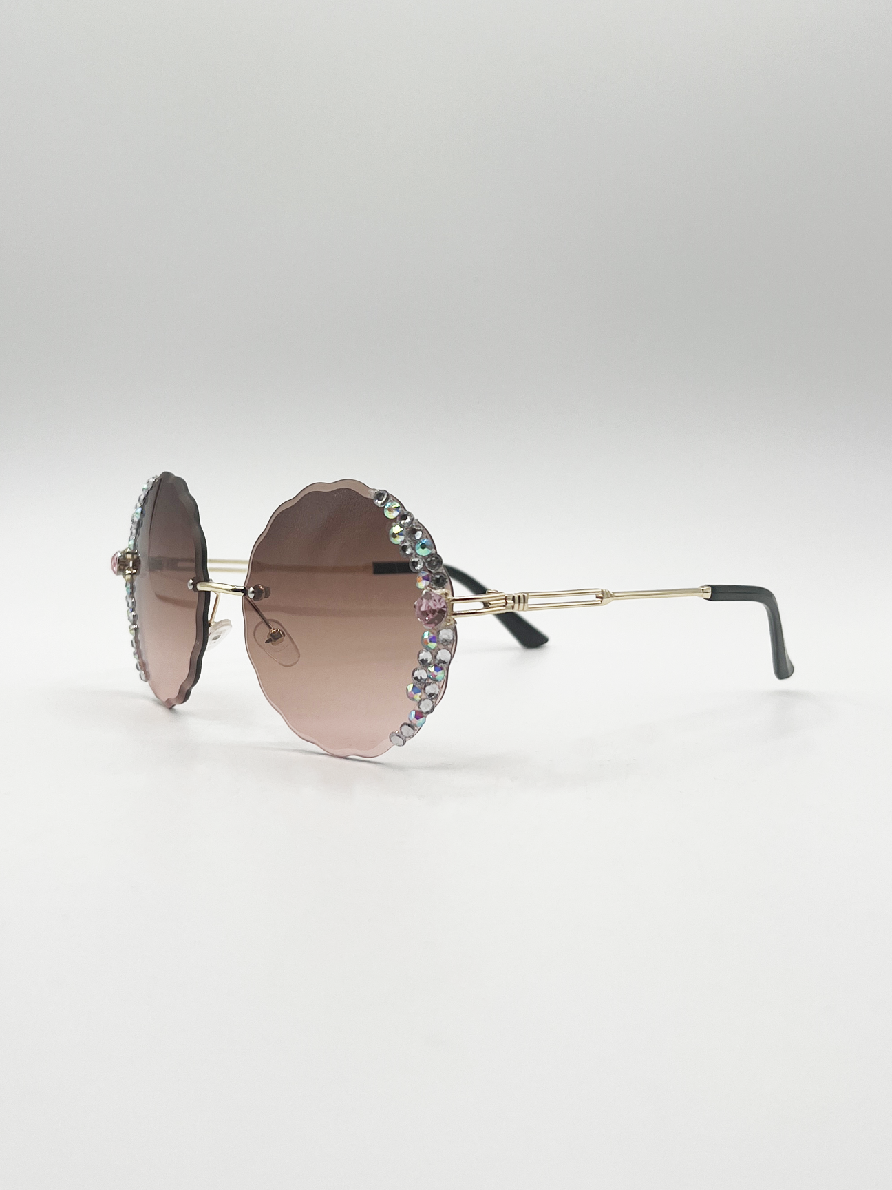 Oversized Round Frameless Sunglasses with Crystal Detail in Brown - svnx