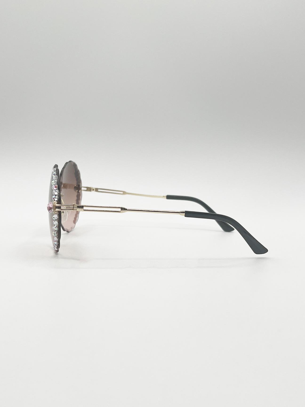 Oversized Round Frameless Sunglasses with Crystal Detail in Brown - svnx