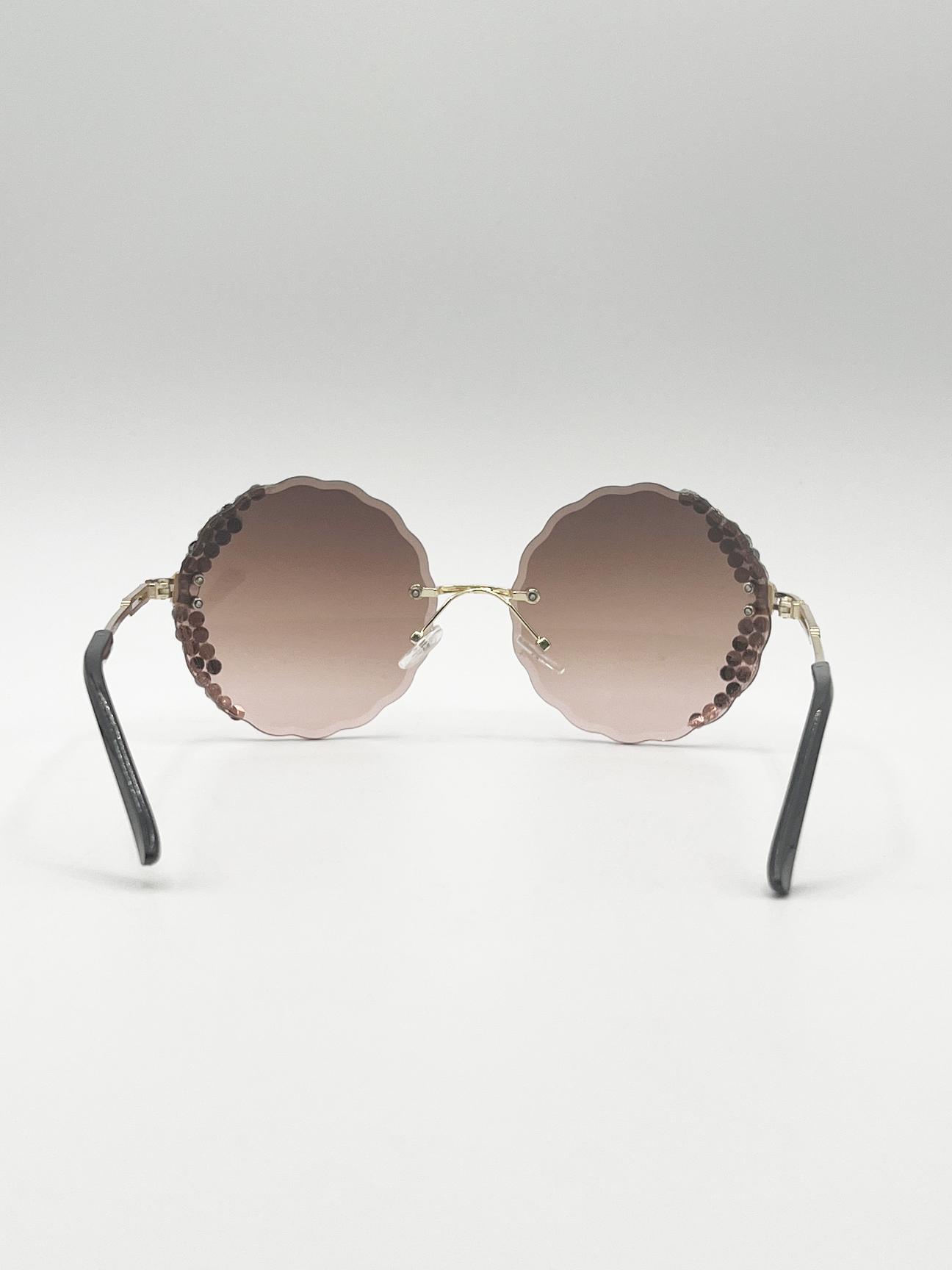 Oversized Round Frameless Sunglasses with Crystal Detail in Brown - svnx