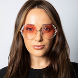 Oversized Round Frameless Sunglasses with Crystal Detail in Pink