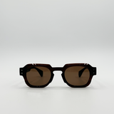 Angular Wayfarer Style Sunglasses in Brown with Green Arms