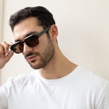 Angular Wayfarer Style Sunglasses in Brown with Green Arms