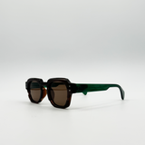 Angular Wayfarer Style Sunglasses in Brown with Green Arms