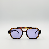 Angular Navigator style sunglasses in leopard print with Purple Lenses