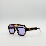 Angular Navigator style sunglasses in leopard print with Purple Lenses