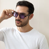 Angular Navigator style sunglasses in leopard print with Purple Lenses