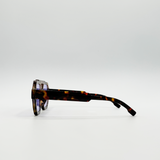 Angular Navigator style sunglasses in leopard print with Purple Lenses