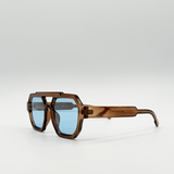 Angular Navigator style sunglasses in Brown with blue Lenses