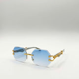 Rimless Oval Geometric Sunglasses in Gold Blue