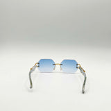 Rimless Oval Geometric Sunglasses in Gold Blue