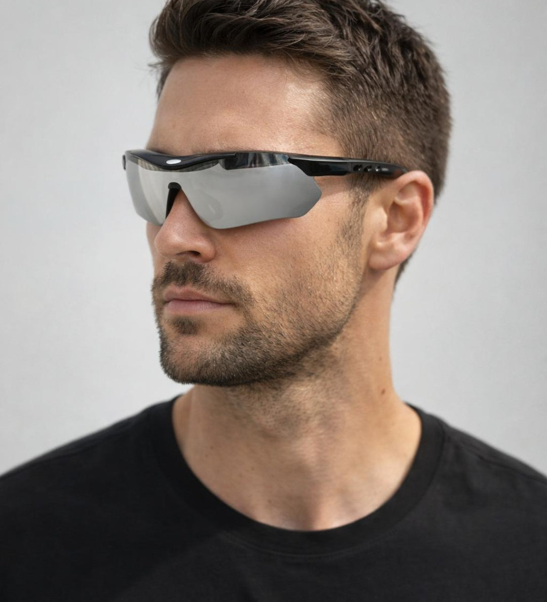 Outdoor Sports Racer Sunglasses in Black Silver Mirror With Case - svnx