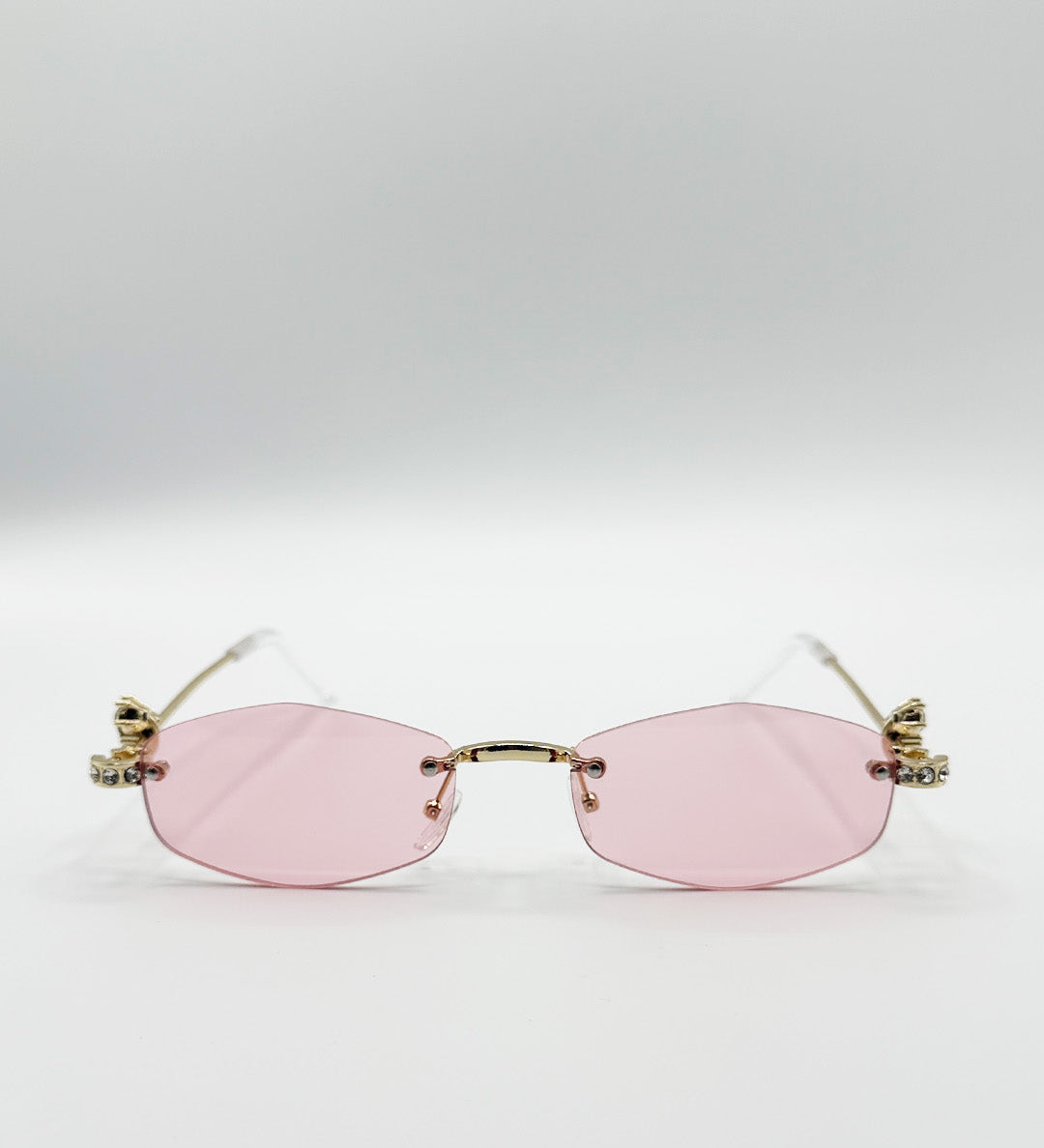 Rimless Oval Diamante Sunglasses In Pink - svnx
