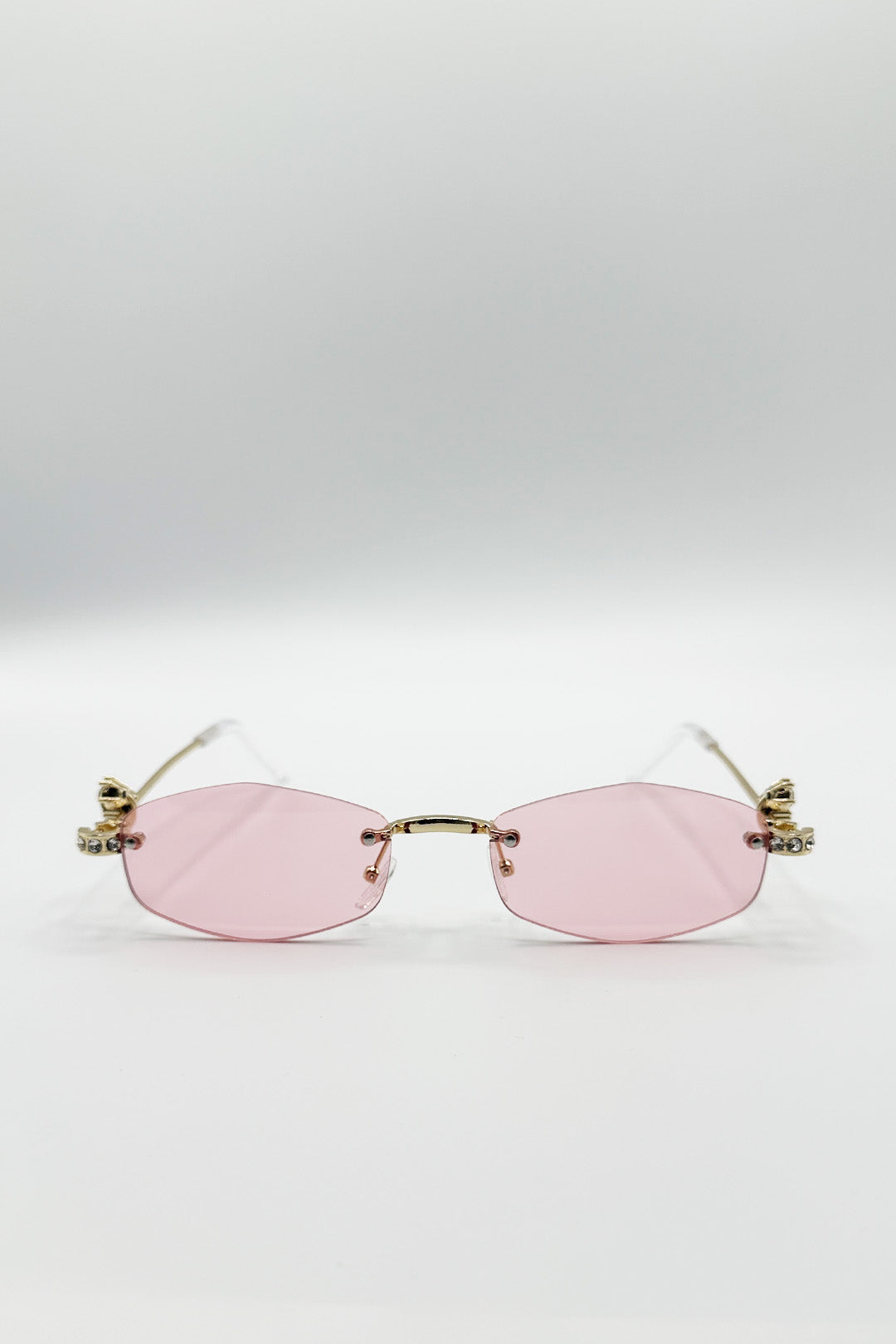 Rimless Oval Diamante Sunglasses In Pink - svnx