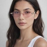 Rimless Oval Diamante Sunglasses In Pink