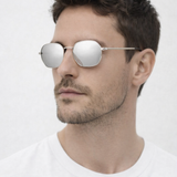 Hexagon Metal Frame Sunglasses with Mirror Lenses in Silver