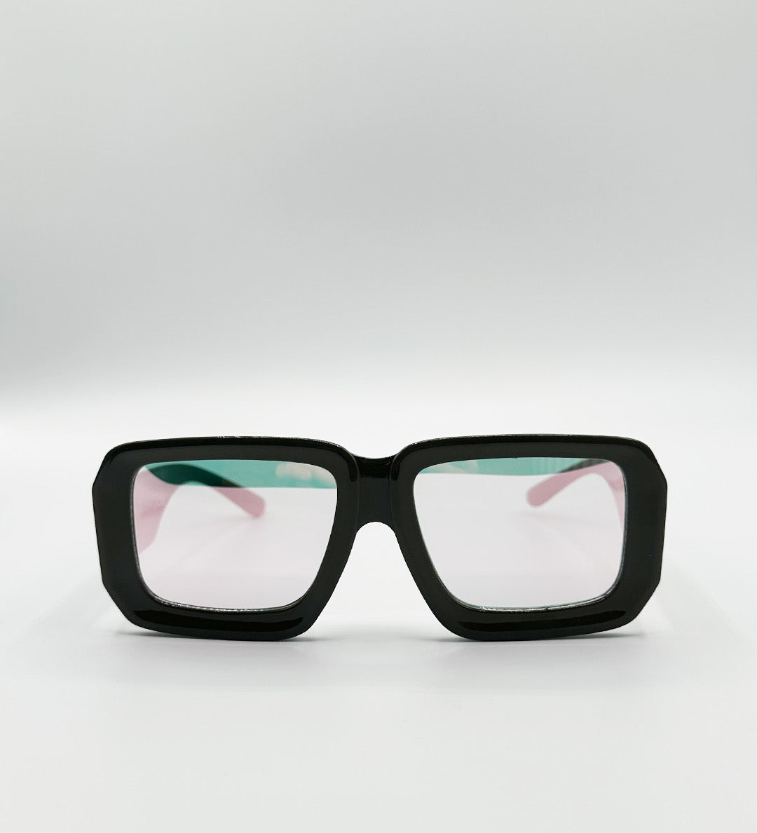 Oversized Square Frame Sunglasses In Mud Grey with Pink Mirror Lenses - svnx