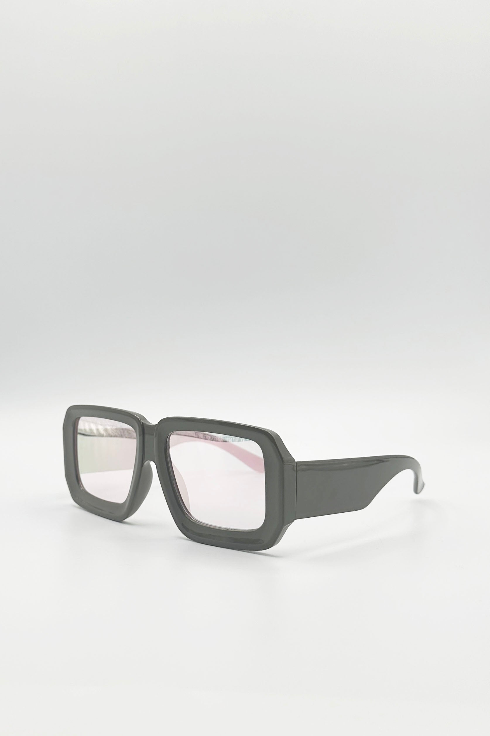 Oversized Square Frame Sunglasses In Mud Grey with Pink Mirror Lenses - svnx