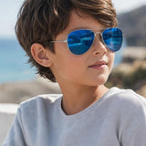 Kids Aviator Sunglasses Silver Frame With Blue Mirrored Lenses