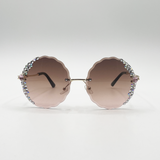 Oversized Round Frameless Sunglasses with Crystal Detail in Brown