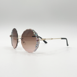 Oversized Round Frameless Sunglasses with Crystal Detail in Brown