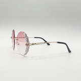 Oversized Round Frameless Sunglasses with Crystal Detail in Pink