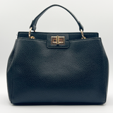 Black faux leather handbag with gold trim