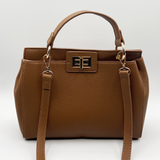 Brown faux leather handbag with gold trim - svnx