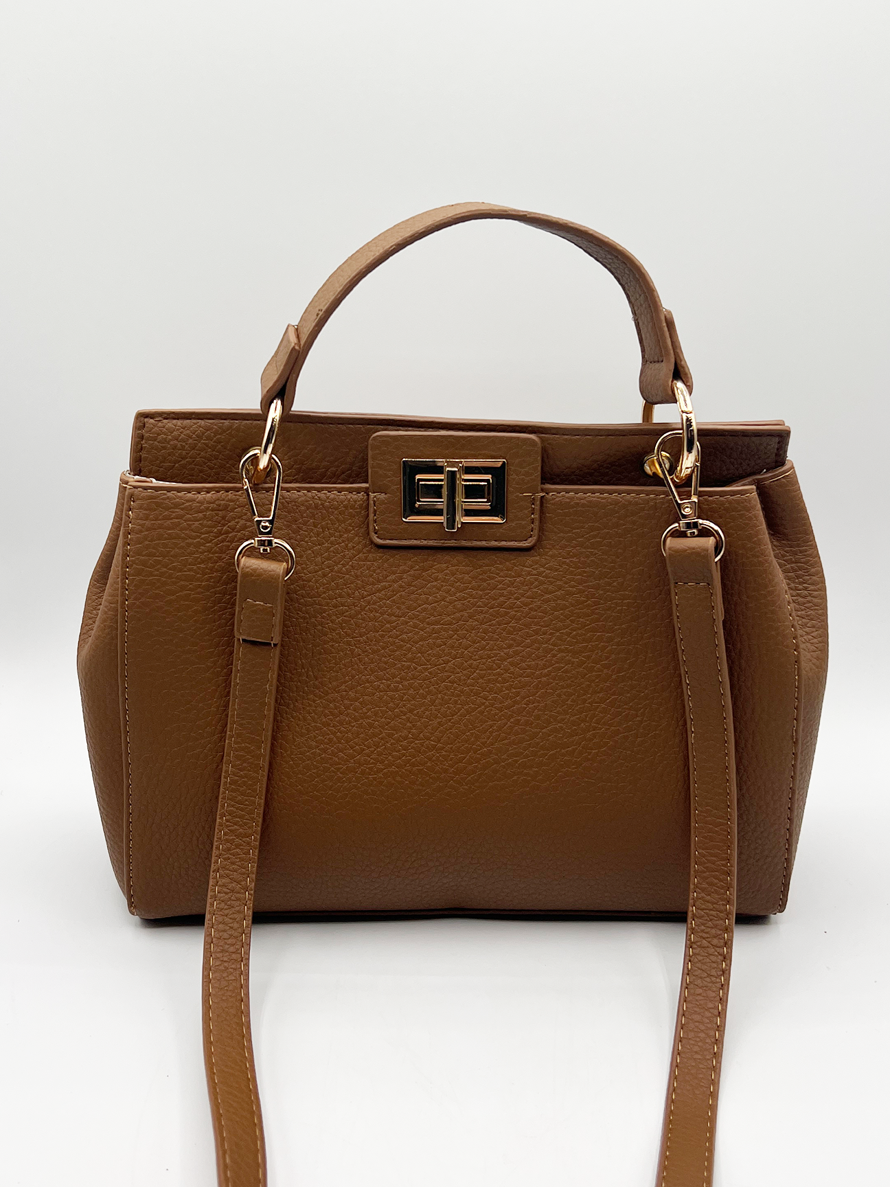 Brown faux leather handbag with gold trim - svnx