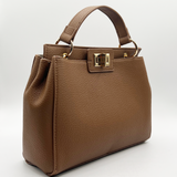 Brown faux leather handbag with gold trim - svnx