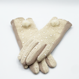 Beige crochet gloves with Pom Pom