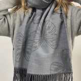 Butterfly Printed Cashmere Blend Scarf with Tassels