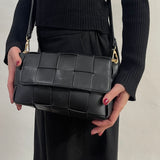 Woven Faux Leather Shoulder Bag in Black